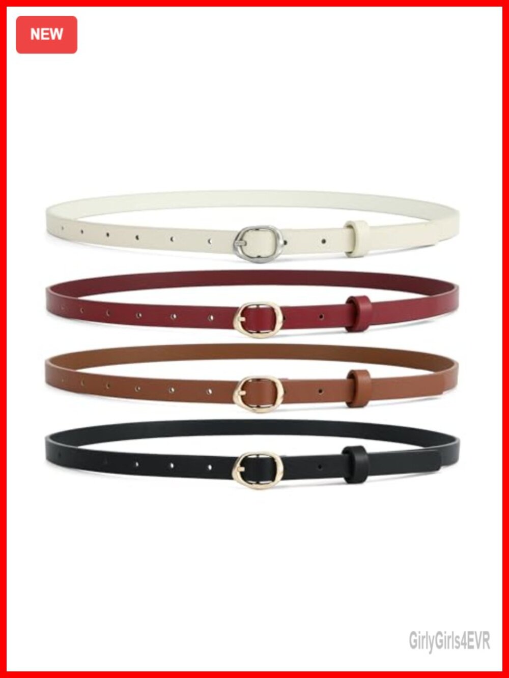 4 Pack Women Skinny Thin Waist Belts Faux Leather Gold Silver Buckle